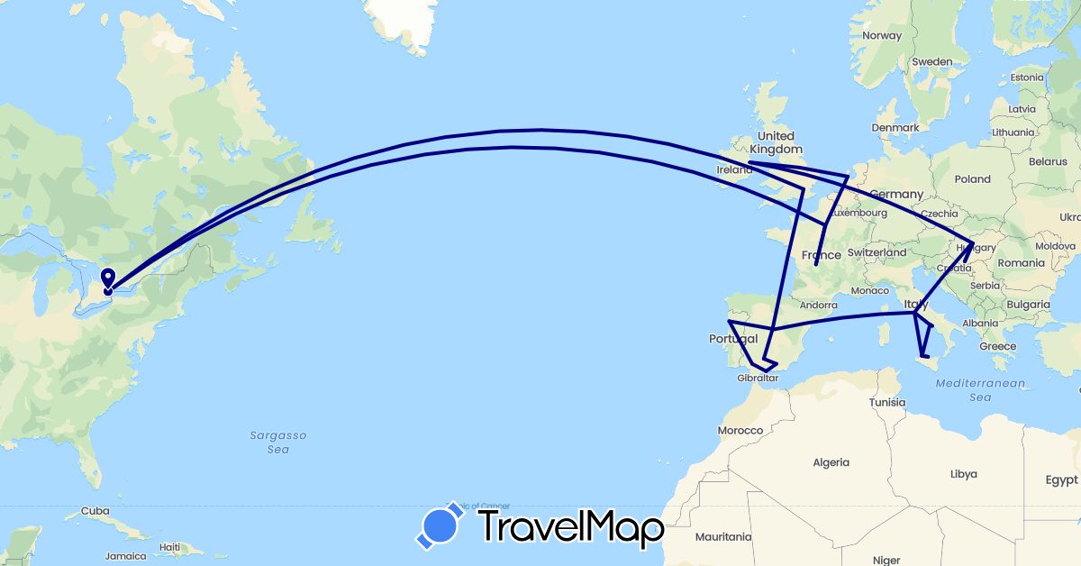 TravelMap itinerary: driving in Canada, Spain, France, United Kingdom, Hungary, Ireland, Italy, Netherlands, Portugal (Europe, North America)